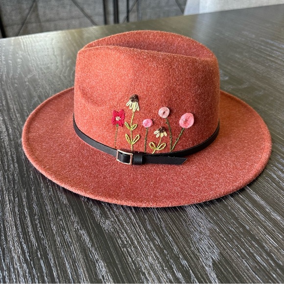 Hand-Embroidered Wool-Blend Adjustable Floral Burnt Orange Fedora Wide Brim Hat - Picture 2 of 11